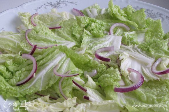 Тонко нарезать фенхель и лук, порванный руками салат-латук смешать с половиной заправки и выложить на блюдо. Фенхель я не использовала вообще, а салат-латук заменила на пекинскую капусту.