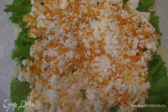 На листья салата выложить творожный сыр перемешанный с тертой морковью.