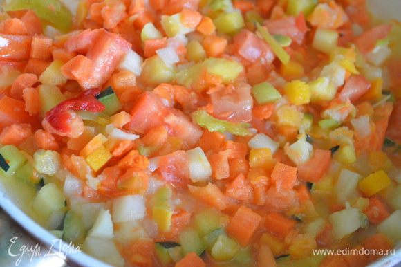 Картофель и морковь обжарьте на оливковом масле до золотистой корочки. Добавьте тыкву, томат, цукини и перец. Обжаривайте еще несколько минут и добавьте брокколи и горошек. Все хорошо перемешайте, добавьте соль, перец.