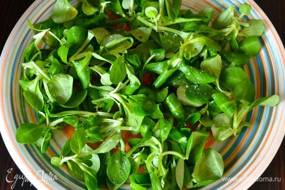 Листья салат вымыть и обсушить. Выложить на сервировочное блюдо.