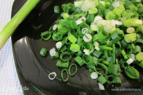 Зеленый лук помыть, обсушить и мелко измельчить.