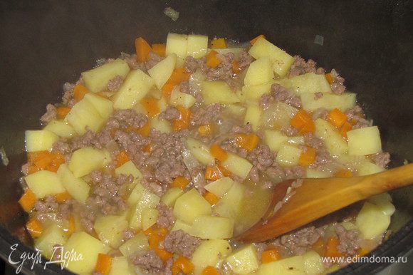 Положить нарезанный небольшими кусочками картофель, все залить горячей водой, так, чтобы покрыть мясо и овощи. Посолить и поперчить по вкусу. Тушить 15 минут.
