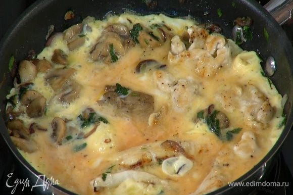 Влить яичную массу в сковороду с курицей и грибами, накрыть крышкой и готовить 3–4 минуты.