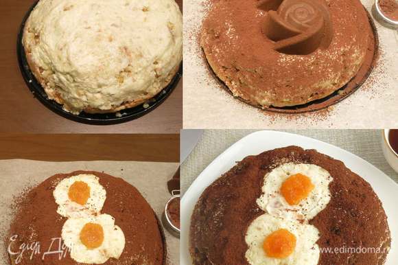 Выкладываем оставшийся бисквит и крем, формируем торт. Украшаем: кладем формочки на торт и посыпаем его какао, снимаем формы, получается рисунок, выкладываем мармелад. Даем торту пропитаться. приятного аппетита!