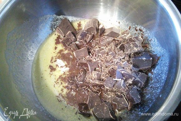 Масло растопить в ковшике на слабом огне, добавить в него мелко рубленный шоколад. Когда он растопится, перемешать до однородности.