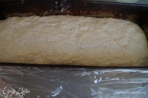 Через час тесто вот как поднялось. Разогреть духовку до 190°C. Выпекать хлеб 25 минут до золотистой корочки. Готовность проверить на сухую палочку.