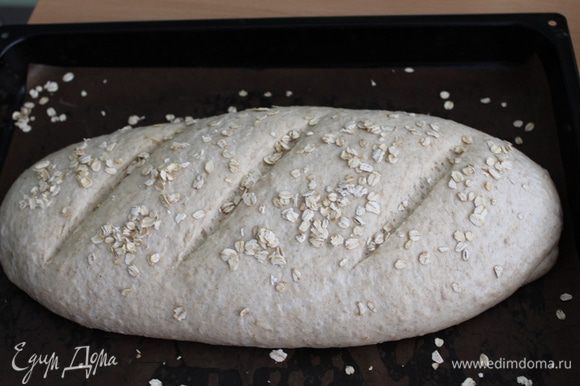 Накрыть плёнкой и поставить на расстойку на 1-1,5 часа. На хлебе сделать разрезы и выпекать его 10 минут с паром. затем сбавить температуру на 200°С, выпустить из духовки пар и выпекать хлеб до готовности минут 30.