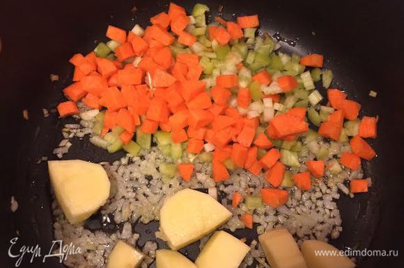 Лук потушить до золотистого цвета, добавить морковь, сельдерей, болгарский, чеснок и картофель, тушить 3 — 4 минуты. Залить овощным бульоном и варить 10 минут.