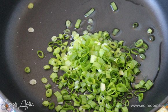 Зеленый лук нарезать кольцами, посолить и обжарить на 1 ст. л. растительного масла ровно 1 минуту.