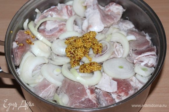 Свинину нарезать кусочками, лук кольцами, добавить все специи, перемешать. Убрать в холодильник на 3–4 часа.