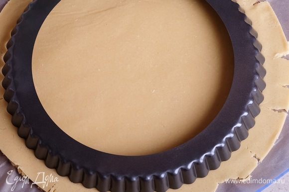 Через пару часов вынимаем тесто из холодильника и раскатываем его между двумя листами пергамента до толщины около 3 мм. Вырезаем круг, который по диаметру будет на 2-3 см больше, чем диаметр формы для выпечки пирога.