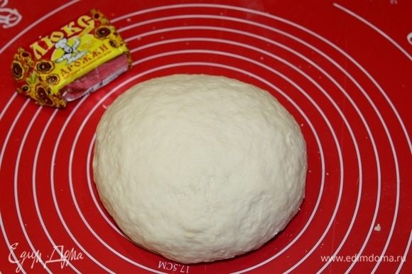 Тесто замесить руками, если тесто будет липнуть к рукам, добавить еще муки. Сформировать тесто в шар. Смазать тесто маслом, поместить туда тесто и отправить до подъема на 1 час.