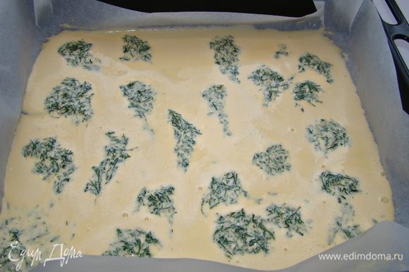 На противень, застеленный пекарской бумагой, вылить тесто, разровнять. По всей поверхности в хаотичном порядке разложить тесто, смешанное с укропом.
