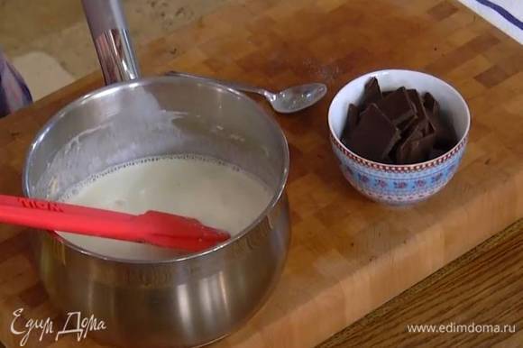 Черный шоколад поломать на маленькие кусочки, добавить в сливочно-желатиновую массу и, непрерывно перемешивая, прогревать на медленном огне, пока шоколад полностью не растворится.