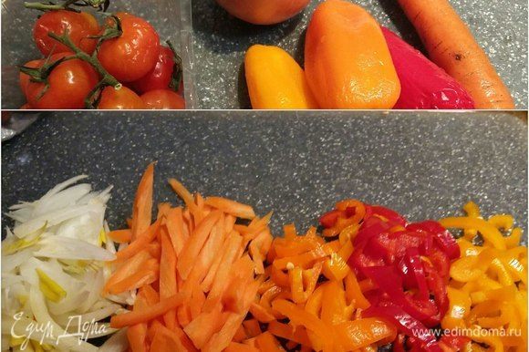 Теперь нужно подготовить все для соуса. Нарезать соломкой весь болгарский перец, морковь, лук репчатый перышками.