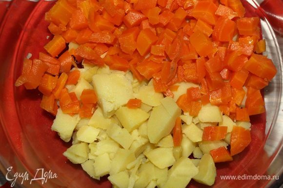 Заранее отварить или запечь морковь, свеклу и картофель. Остудить, очистить. Морковь, картофель нарезать небольшими кубиками. Соединить в миске.