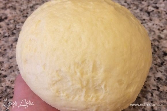 Вот такое нежное и гладкое тесто у нас должно получиться. Кладем тесто в миску, накрываем пленкой и оставляем на 2,5 часа при 25–28°C. В процессе брожения пару раз обмять тесто.