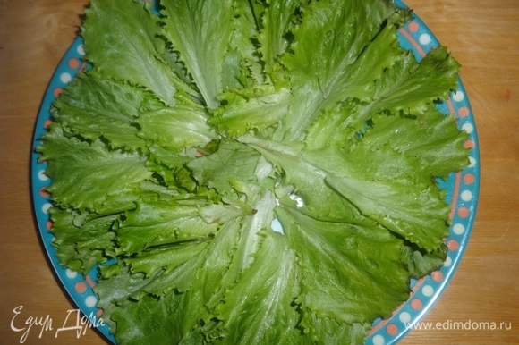 Листовой салат вымыть, обсушить. Выложить на дно плоского блюда.