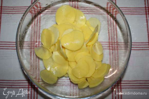Нарезанный картофель выложить в миску, посолить и хорошо перемешать.