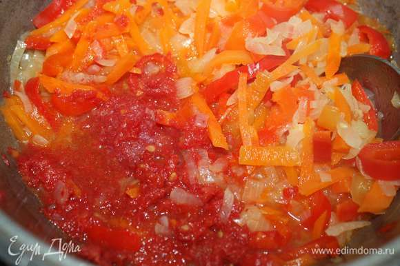 Далее добавим перекрученные томаты (у меня в замороженном виде). Тушим 5 минут.
