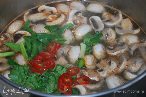 Помешивая суп, влейте лаймовый сок и рыбный соус, добавьте зеленый лук, кинзу и острый красный перец. Попробуйте на соль. Суп должен быть кислым, острым и пряным.