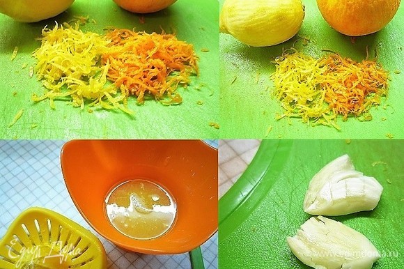 Духовку предварительно разогреваем до 180°C. Цедру лимона и одного апельсина натираем на мелкой терке, отжимаем сок. Чеснок очищаем и раздавливаем плоской стороной ножа.