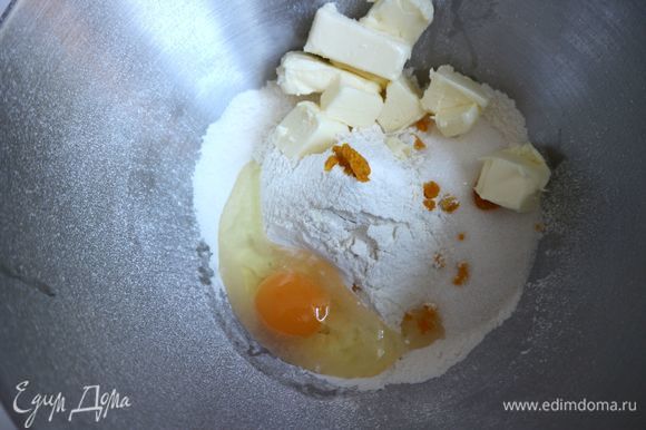 Добавить ванильный сахар, сахарный песок, яйцо, сливочное масло, апельсиновую цедру.