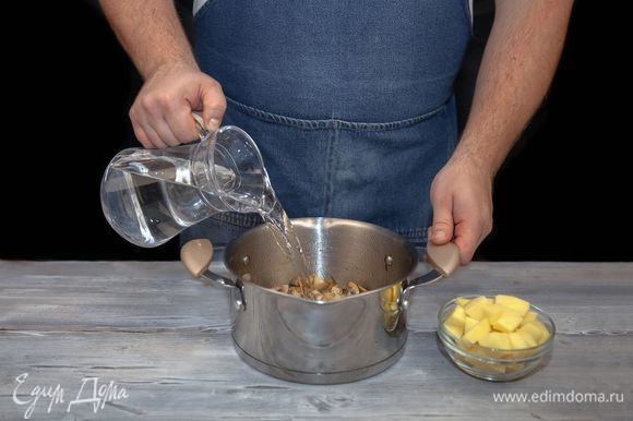 Налейте воду в кастрюлю с грибами, добавьте картофель, варите 20 минут на слабом огне.