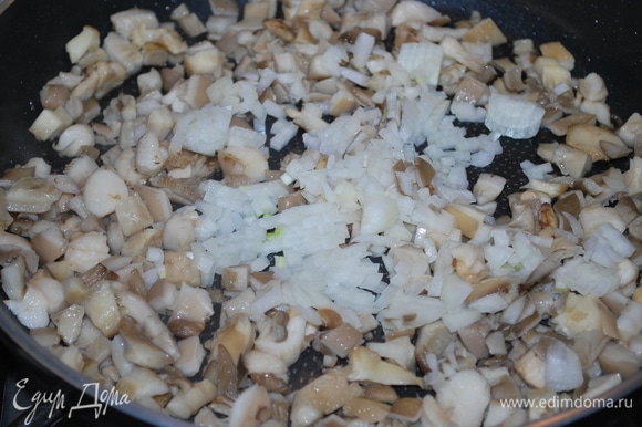 Обжарьте на растительном масле грибы и репчатый лук.