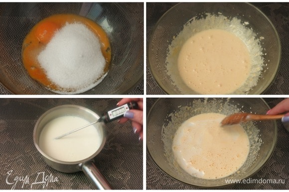 Подготовим продукты: кокосовое молоко (промышленное или самодельное), сливки 30–35%, соль морская. Отделяем желтки, соединяем с сахаром, взбиваем добела. Ставим нагреваться молоко кокосовое и половину порции сливок и нагреваем до температуры 80–88°C. Вливаем пару ложек горячей массы в яичную смесь, перемешиваем.