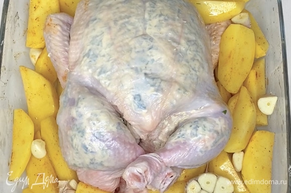 Выложить курицу в форму для запекания. Вокруг тушки — картофель, чеснок, разрезанный поперек. Положить на картофель рядом с курицей 2–3 веточки тимьяна или веточку розмарина. ⠀