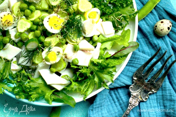 Выложить на блюдо салатный микс, огурец, сельдерей, кальмар и посыпать горошком.