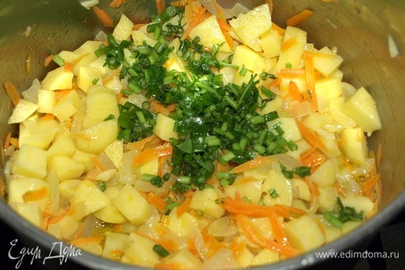 Добавляем мелко рубленные стебли к овощам. Добавляем соль и перец по вкусу. Вливаем воду, доводим до кипения и готовим до полуготовности картофеля.