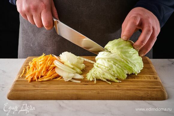 Лук и морковь почистите, крупно нарежьте. Капусту нашинкуйте тонкими полосками.