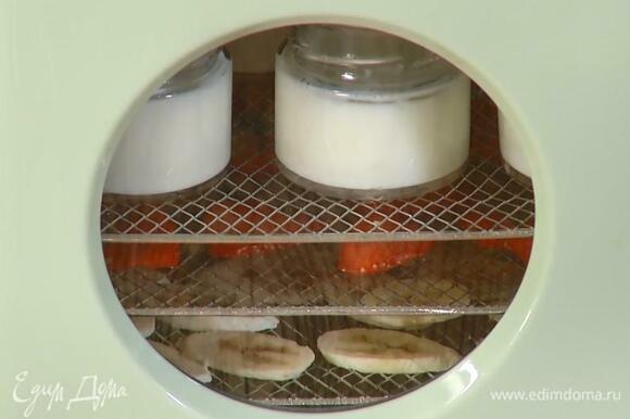Разлить молоко в небольшие баночки и поместить их в сушилку, выставить нужный режим и приготовить йогурт.