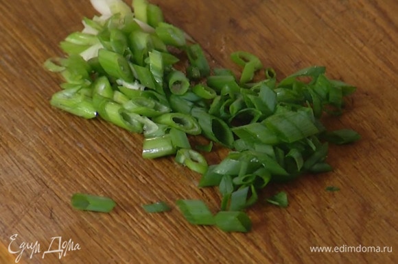 Зеленый лук тонко порезать наискосок.