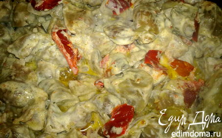 Рецепт Куриные желудочки, шампиньоны и вяленые овощи.