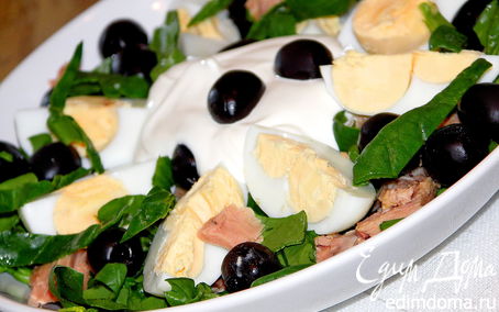 Рецепт Салат с тунцом,яйцом,шпинатом и оливками