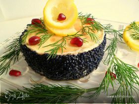 Мини-тортики из лимонныx блинов, зернистого творога и черной икры