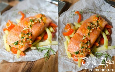 Рецепт Томленый лосось на подушке из овощей с соусом из апельсина и паприки