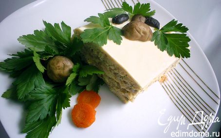 Рецепт Пикантный мясной торт с грибным кремом и сырно-сливочной заливкой
