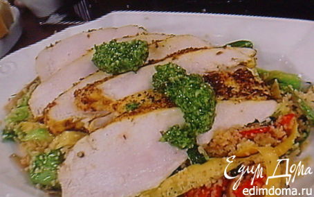 Рецепт Маринованное куриное филе с весенним кус-кусом и песто из черемши