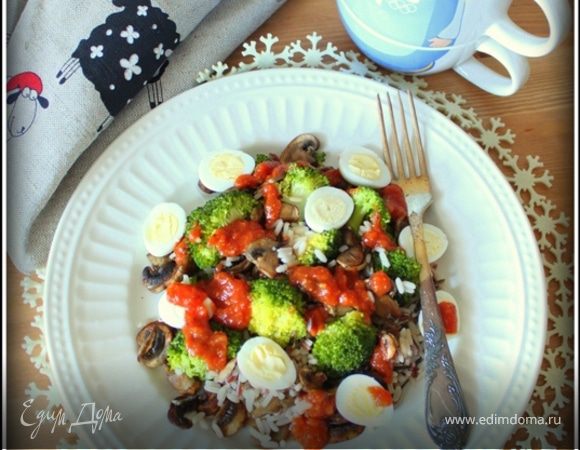 Рис с брокколи, грибами и перепелиными яйцами