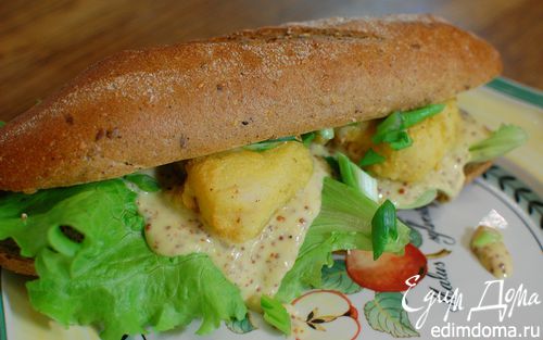 Рецепт Сэндвич с рыбой в кляре и листьями салата