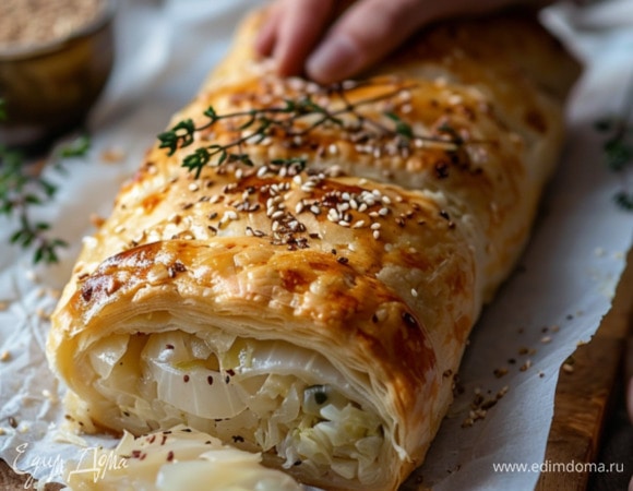 Постный слоеный пирог с капустой и луком