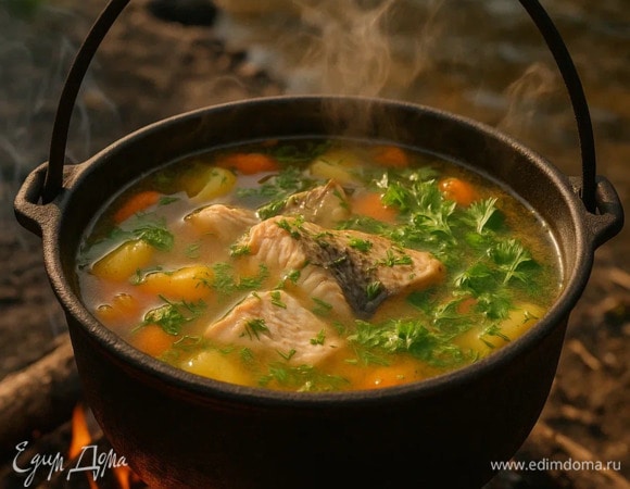 Уха в казане на костре