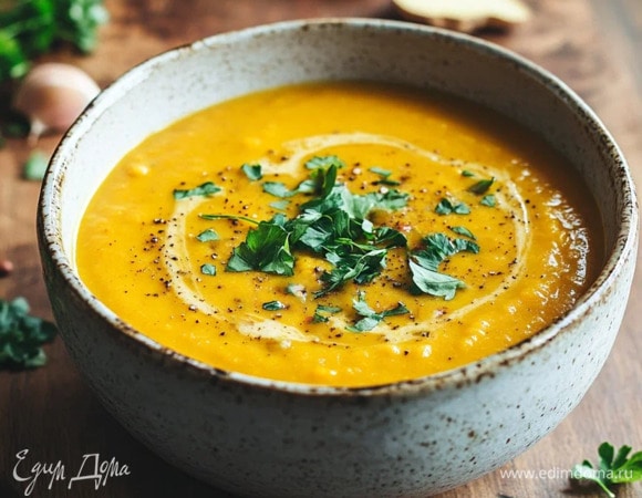 Пряный суп из тыквы с имбирем и чечевицей