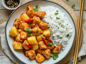 Тайская пряная курица с ананасами и рисом