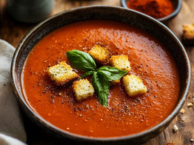 Томатный суп-пюре с копченой паприкой и гренками