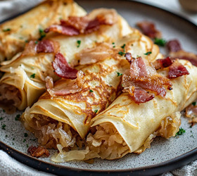 Блины с квашеной капустой и жареным беконом